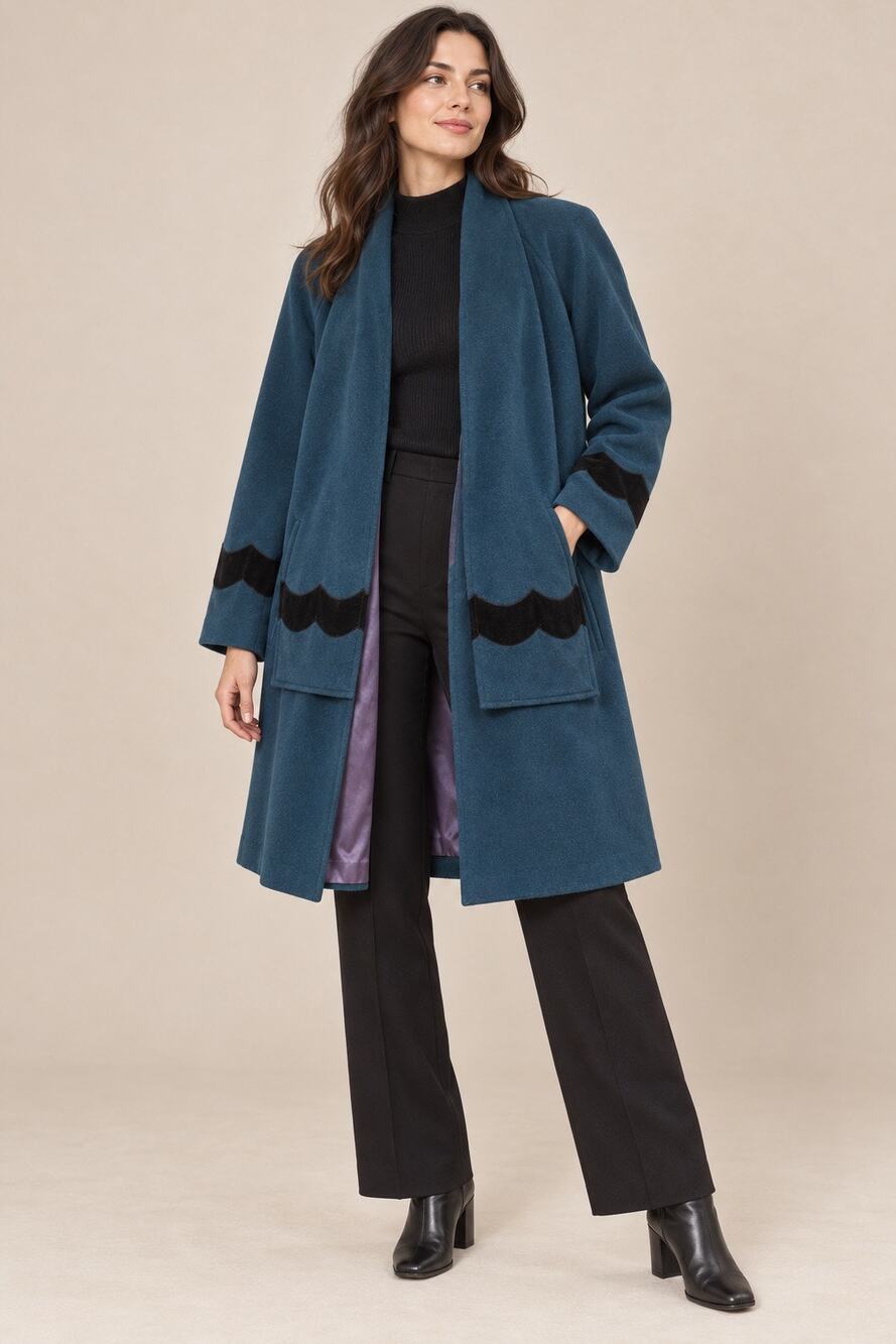 Vintage Petite Sophisticate Teal Wool Blend Coat Scalloped Velvet Trim M